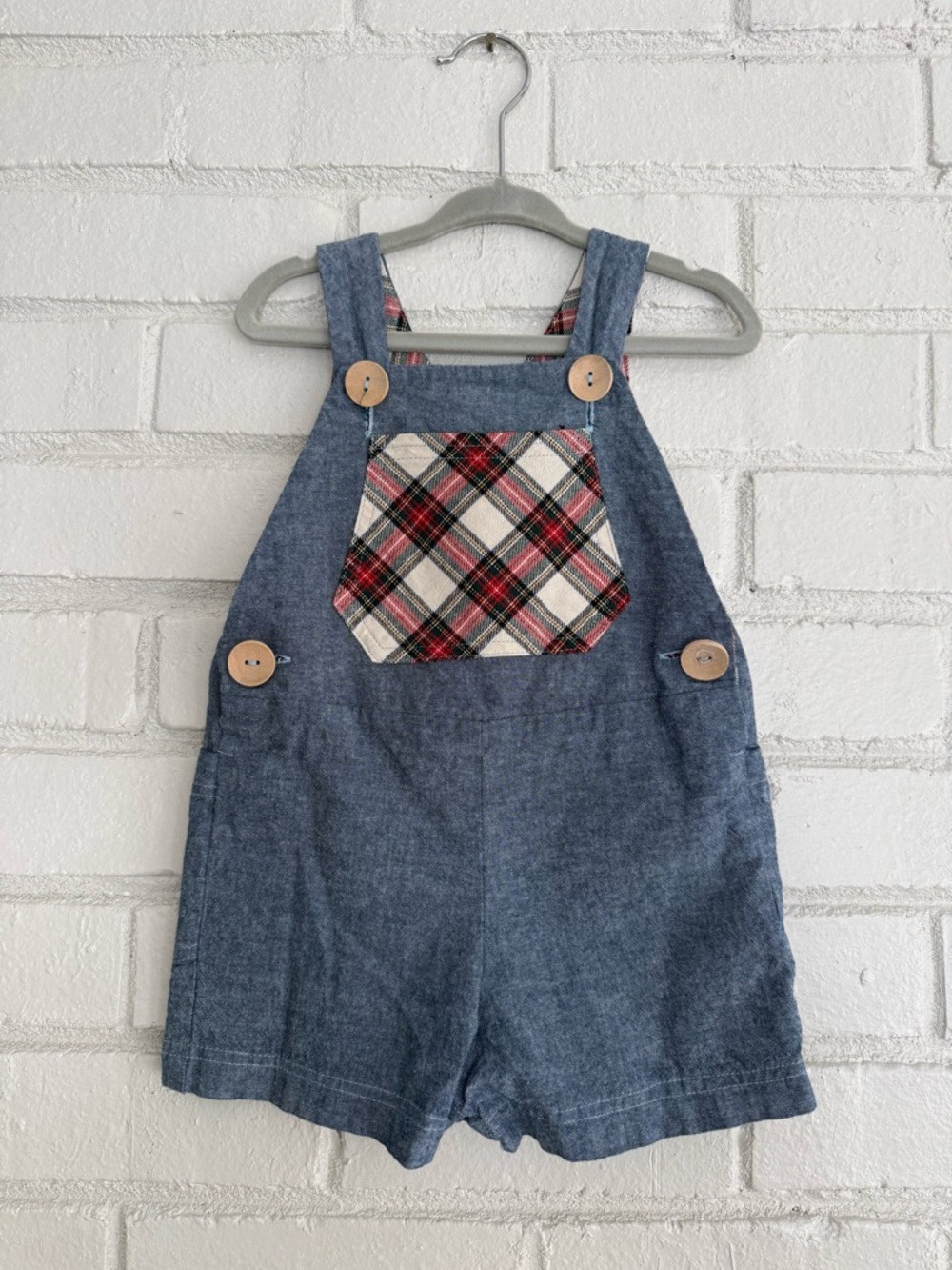Hannah Kate Boys Blue Chambray Short Overalls (Shortall) with Plaid Pocket